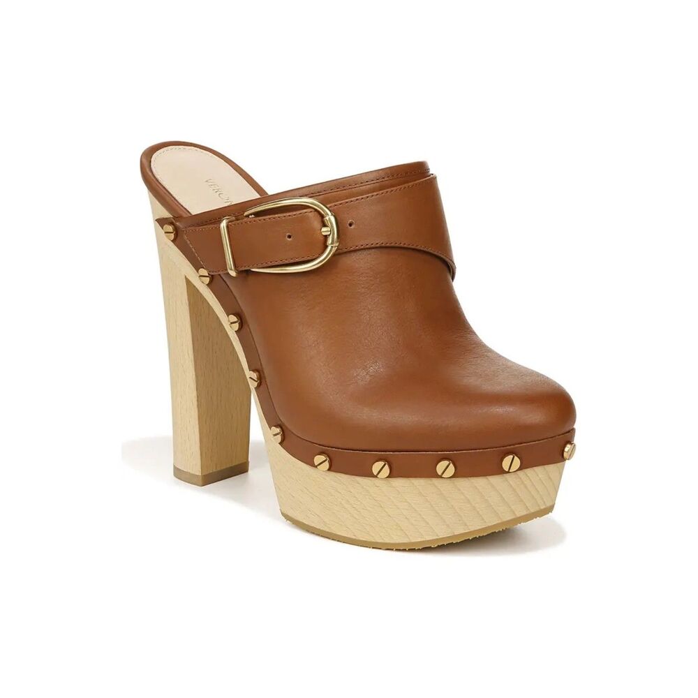 NWOB Veronica Beard Alek Platform Clogs with Wooden Heels in Brown Leather Sz 5
